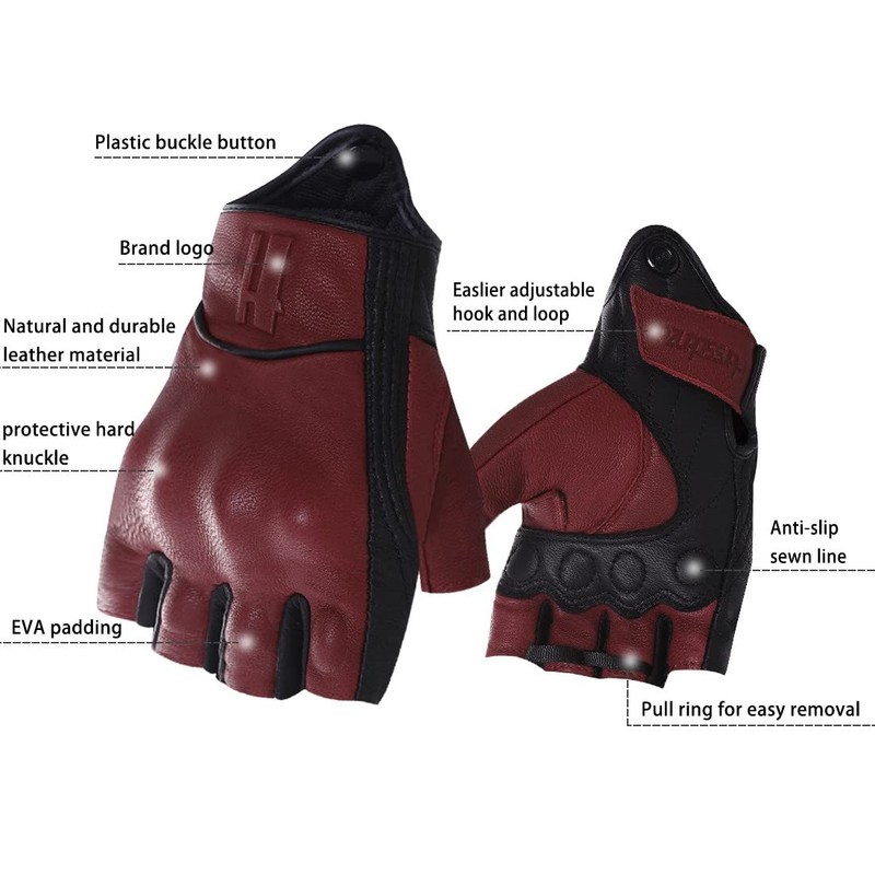 Harssidanzar Mens Fingerless Half Finger Goatskin Leather Motorcycle Gloves GM037,Oxblood/Black,