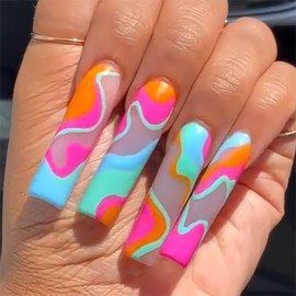 RTKHFZE Press on Nails,Press on Nails Long Square,Extra Long Fake Nails,Long Nails,Long Nails Press Ons,Square Acrylic Nails,for Women and Girls 24Pcs(Color Swirl Design,French Tip)