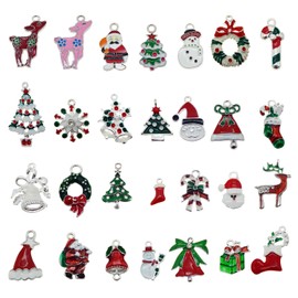 GraceAngie 30PCS Enamel Alloy Christmas Crafts Charms Assorted Snowflake Garland Bell Tree Christmas Theme Charm Pendants for DIY Crafts Jewelry Making Supplies