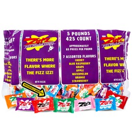 Zotz Fizzy Bulk Candy (Assorted, 425 Units)- Hard Candy Individually Wrapped- Assorted 7 Fruit Flavors, Cherry, Watermelon, Strawberry, Blue Raspberry, Apple, Orange & Grape- From Italy Since 1970