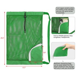 BeeGreen Green Drawstring Bag Mesh Swim Bag Large Beach Bag Pool Bag W 17.7" X L 25.5" Swimmer Gifts Swimming Equipment Gear Gym Sport Net Bag Backpack Foldable Washable