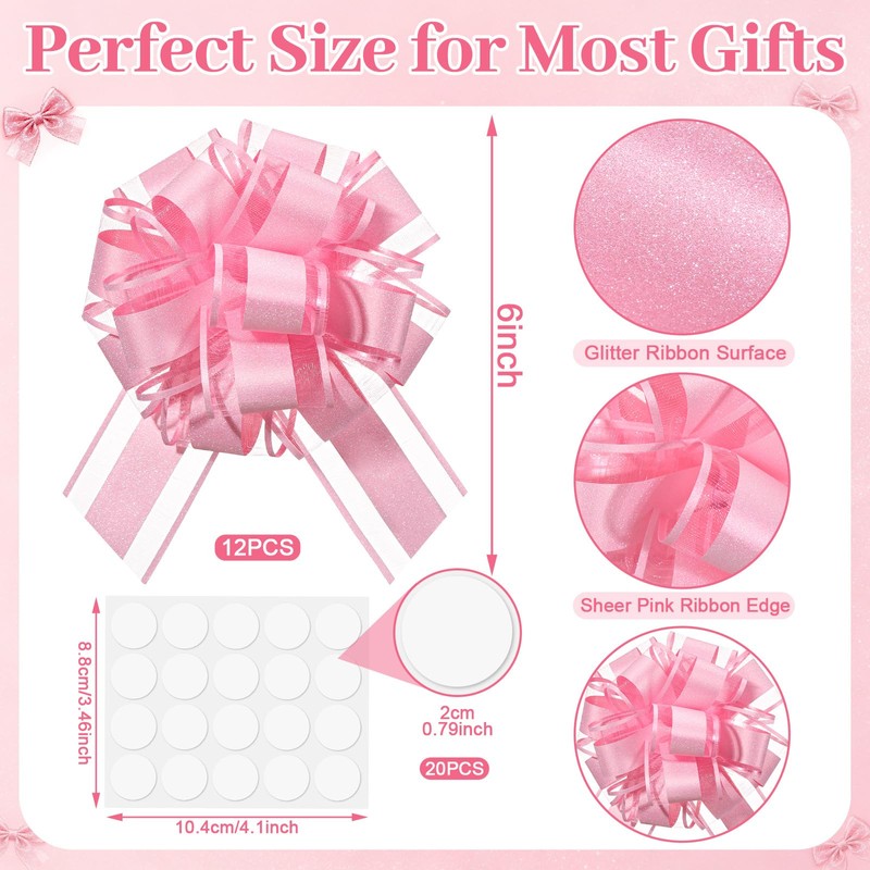 12 PCS 6'' Shimmering Light Pink Gift Bows Large Bows