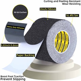 MILEQEE Anti Slip Tape, 2in x 16.4FT Non Skid Frosted Tape for Stairs, Hardwood Floor, Indoor Outdoor Stair Steps Treads, Non Slip Traction Strip, Safety Walk Waterproof, Prevent Slipping, Black