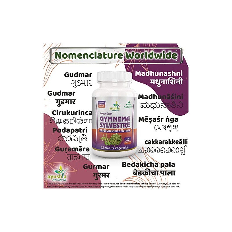 Ayushya Gymnema Sylvestre (Madhunaashini) Capsule, 500 mg Pure Extract, 60
