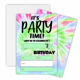 It's Party Time! Birthday Invitations, Tie Dye Theme Birthday Party Invite Cards For Boys & Girls - 20 Double Side Fill-In Invites With Envelopes, Party Favor & Decorations - 29