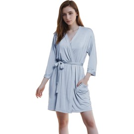 Joyaria Women's Lightweight Sauna Bathrobe Short Sauna Robe Kimono Robe House Coat Sleepwear Bamboo V-Neck 3/4 Sleeves S-XXL, Dusty Blue