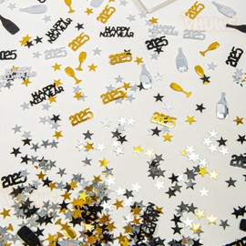 2025 New Years Confetti, 2.12 oz Shinny Metallic 2025 Happy New Year Stars Bottles Mixed Confetti for Tables 2025 New Years Decorations New Years Eve Party Supplies | Silver Black Gold