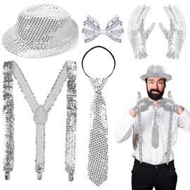 ZDQC Pack of 5 Carnival Costume Men's Glitter, Glitter Costume Men, Disco Glitter Costume Men's 80s, Sequin Braces and Bow Tie, Costume Glitter and Glamour Men, Glitter Outfit Set (Silver)