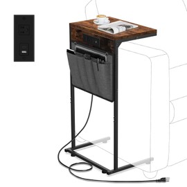 Evermagin C Shaped End Table with Charging Station, Small Side Table with Storage Bag for Couch and Recliner, Slide Under Sofa Tray for Living Room, Bedroom, Rustic Brown