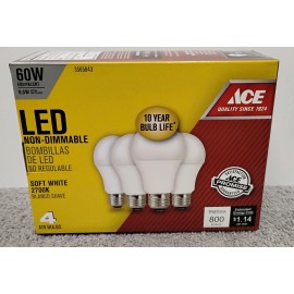 ACE 1 Pk NEW  ACE 3565843 A19 BULBS 60 W 800 LUMENS . Non-Dimmable / 4pc per pk.