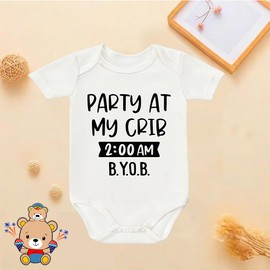 RETKCUL Party At My Crib, 2：00 AM, B.Y.O.B. Bodysuit, Newborn Welcome Outfit, Cute Fashion Baby Clothing Toddler Gifts Give to Boys Girls (White, 0-3 Month)