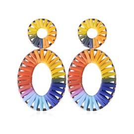 Statement Raffia Earrings for Women Rainbow Rattan Earrings Geometric Straw Wicker Dangle Earrings Summer Beach Jewelry