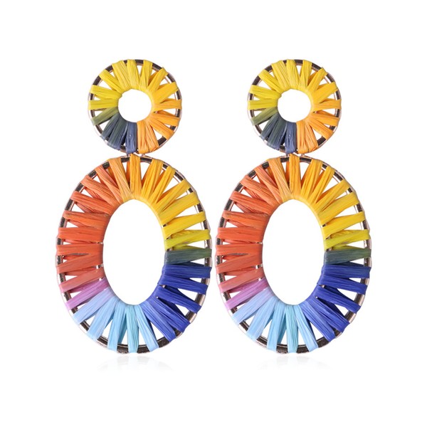 Statement Raffia Earrings for Women Rainbow Rattan Earrings Geometric Straw
