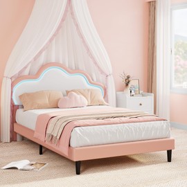 YITAHOME Twin Size Bed Frame, LED Bed Frame with PU Faux Leather Adjustable Cloud Headboard, Platform Upholstered Bed Frame with Wooden Slats Support, No Box Spring Needed, Easy Assembly, Pink