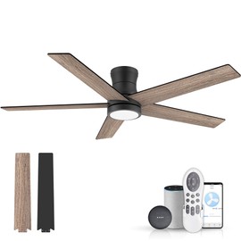 52In Smart Low Profile Ceiling Fans with Lights Remote,Outdoor Indoor Flush Mount Ceiling Fans,Controll by Voice WIFI Alexa App,Quiet DC Motor,Modern Black Walnut Fan for Bedroom Living Room Patio