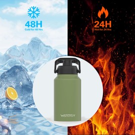 WATERSY 2/3 Gallon Water Bottle Insulated(Cold for 48 Hrs),BPA Free&Leak Proof,87oz Stainless Steel Water Jug/Flask,Big thermos,Large Water Bottle with Handle for Gym,Hiking,Camping,Olive Green