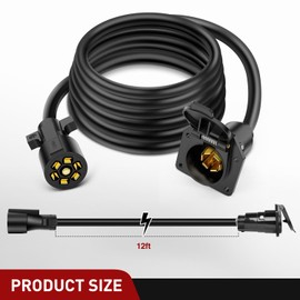 Nilight 7 Way Trailer Plug Extension Cord 12 Feet Heavy Duty 7 Pin Connector Wiring Harness Cable 10-14 AWG Double-Prong Copper Terminals Wires for 7-Blade RV Tow -12FT