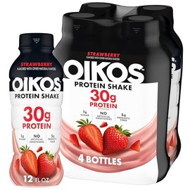 Oikos 30g Protein Shake, Strawberry, High Protein Drinks, Shelf Stable, Ready to Drink, 5g Prebiotic Fiber, 12 fl oz Bottle, 4 Count​