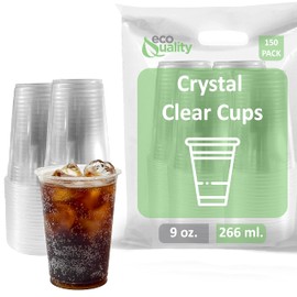 Small Clear Plastic Disposable Cups | 9 oz Cups, 150 Pack | Crystal Clear PET Cup | Cold Smoothie | Iced Coffee Go Cups | Ideal for Coffee, Parfait, Juice, Soda, Cocktail, Party Cups (9oz,150 count)