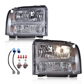 CHEDA Headlights, Compatible with 1999 2001 2002 2003 2004 Ford F250 F350 F450 F550 Super Duty bumper Headlamp, Smoked Housing Headlight Lamps(Smoky lens Chrome Housing Amber Reflector)