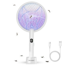 Nymrix Electric Fly Swatter Racket, 2 in 1 Mosquito Bug Zapper 4100V Handheld Mosquito Killer with 1800 mAh Rechargeable Battery, Purple Light and 3-Layer Safety Mesh for Indoor Outdoor Grey