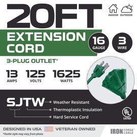 Iron Forge Cable 3 OutletOutdoor Extension Cord 20 ft, 16/3 Heavy Duty Green Extension Cord with Multiple Outlets 3 Prong, Weatherproof Exterior Power Cable Great for Outside & Lawn