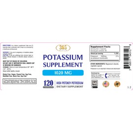 365 Health Potassium Supplement 1020 mg | Potassium Bicarbonate | Non-GMO | Gluten Free | Made in USA | 120 Vegetarian Capsules