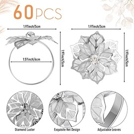 Juego de 60 servilleteros de aleación con diseño de flores huecas, servilleteros de Navidad, decoración de mesa para bodas, fiestas, festividades, banquetes, Acción de Gracias, cena, decoración de mesa (plata)