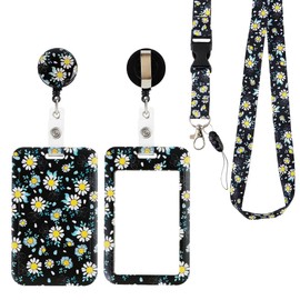 X-BLTU ID Card Holder with Strap, Badge Holder with Retractable Badge Reel and Lanyard Strap, Daisy Lanyard Strap with Card Holder, ID for Women, Nurse, Students (Lanyard-Flower 2)
