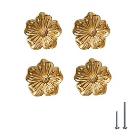 UniDes 4 Pack Gold Knobs for Cabinet and Drawer,Solid Brass Kitchen Hardware,Flower Dsigned Knobs and Pulls