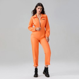 Felcia Adult Prisoner Jumpsuit Orange Prisoner Overalls Boiler Suit Convict Robber Fancy Dress Costume Carnival Party Cosplay Outfit (C-Orange Women, XL)