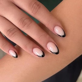 ANDGING Black French Tip Press on Nails Almond Short Fake Nails with Glue Acrylic Glue on Nails with Designs Gel Classy Manicure False Nail for Women Girls Stick ons Nails for Wedding Birthday DKL88