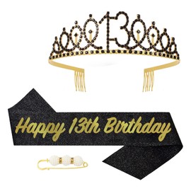 POPOYU 13th Birthday Crown and Sash, Crown 13th Birthday Girl, 13th Birthday Tiara Black Gold, Crown 13th, 13th Birthday Girl Headpiece for Birthday Gift Party Accessories