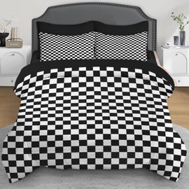 Plaid Checkerboard Grid Black White Comforter Set 7 Pcs Full Size Quilt, Checkered Geometric Luxury Abstract Soft Bedding Set with Flat and Fitted Sheet Pillowcases Sham for Adults Bedroom Bed Decor