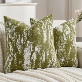 Pack of 2 Faux Mink Fur Throw Pillow Covers 18x18 Inch Soft Fleece Ink Painting Pattern Vintage Decorative Cushion Case Modern Farmhouse Accent for Couch Bed Living Room, Green