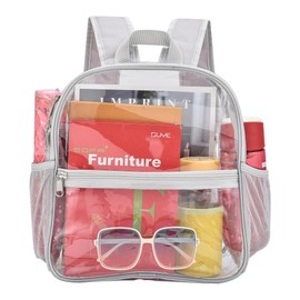 Busiuw Clear Backpack for Stadium Events 12x12x6 Mini Small Clear Backpack with Front Pocket for Concert Sport Events Work Travel(Silver)