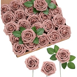 Ling's moment Artificial Flowers 25Pcs Dusty Rose Roses Decor w/Stems,3" Real Touch DIY Foam Floral for Wedding Bouquet/Centerpieces, Outdoors Party Backdrop, Room/Table, and Garden/Pot Decorations