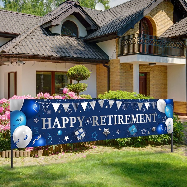 Retirement Banner Horizontal Large Retirement Sign Banner Fabric Retirement Yard Sign Backdrop with Rope Retirement Banner for Retirement Party Photo Booth, 70.87 x 15.75 Inch(Silver)