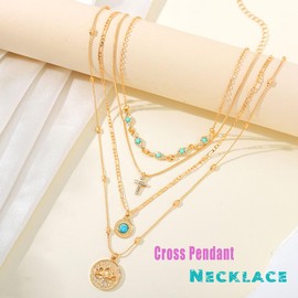 Ursumy Layered Gold Necklaces for Women Boho Sea Shell Necklac Cross Pendant Necklace Evil Eye Choker Simple Jewelry Gift (Gold-1)