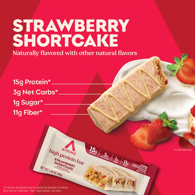 Atkins Strawberry Shortcake Flavor High Protein Bar, 15g Protein, 1g