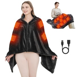 USB Heated Blanket, Portable Cordless Electric Throw Blanket with 9 Heating Elements Fast Heating, Super Soft Cozy Wearable Blanket for Indoor Outdoor Use, 3 Heating Levels Machine Washable (Darkgrey)