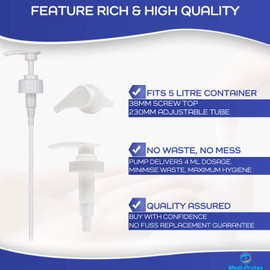 5L Pump Dispenser Fits 5 Litre Container x 3 | Dispenses 5ml (1tsp) | Ideal for Soap, Sanitiser, Oils, Sauces | Pelican Pump with 23cm Adjustable Tube & Twist Lock