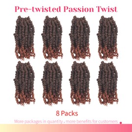 BOHOBABE Crochet Passion Twist Hair Pretwisted 10 Inch Short Pre-looped Passion Twist Crochet Braiding Hair 8 Packs (T350)