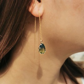 Stainless Steel Green Teardrop Long Thin Chain Dangle Earrings for Women Girls Linear Crystal Threader Earrings Jewelry for Birthday Mother's Day