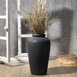 Fobule Rustic Ceramic Flower Vase, Small Decorative Terracotta Boho Vase for Living Room, Table Centerpiece, Shelf Decor, Farmhouse, Entryway - 11 Inch Tall, Vintage Black