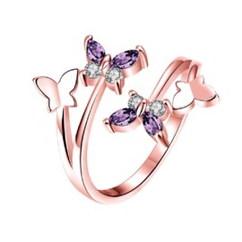 LRGKMCWTOB Women's 925 Sterling Silver Jewelry Shiny Butterfly Opening Adjustable Purple Zirconia Rose Gold Plated Rings Birthstone CZ Butterfly Shape Purple Austrian Crystals Rings (Rose Gold)