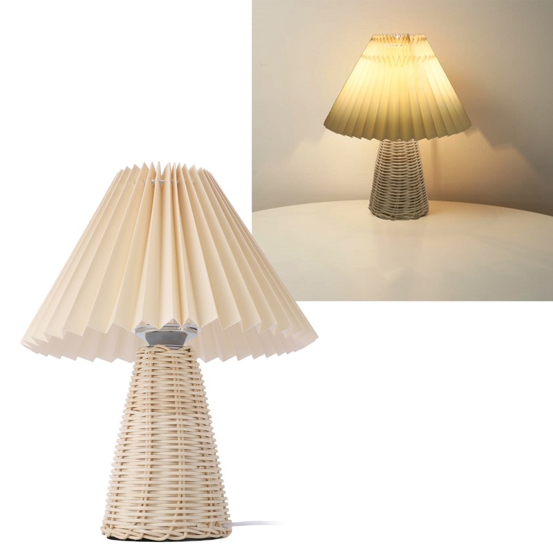 Pleated Table Lamp with Remote Control Modern Beige Fabric Shade