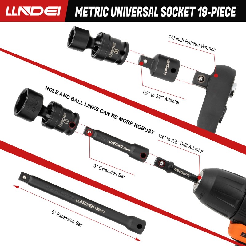 LLNDEI 3/8" Drive Universal Impact Socket Set, 19 Pieces CR-MO