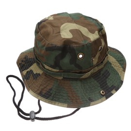 Summer Outdoor Boonie Hunting Fishing Safari Bucket Sun Hat with Adjustable Strap(Woodland,SM)