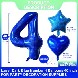 Blue Number 4 Balloons 40 Inch Giant Laser Navy Blue 4 Helium Balloons for Boys 4th Birthday Party Supplies 4th Anniversary Events Decorations